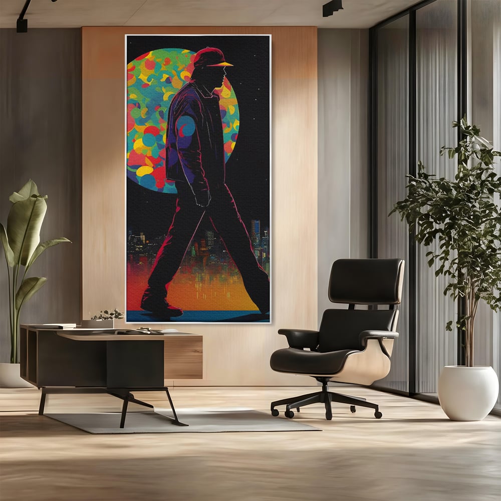 Tablou canvas cu silueta unui barbat mergand pe fundal urban, in rama de aluminiu argintiu, pe perete intr-un birou